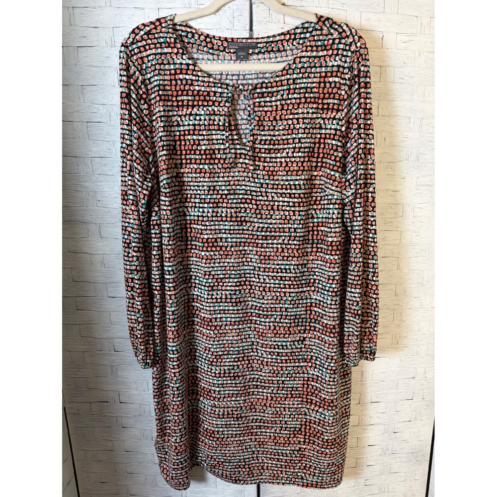 Covington Woman Dress Shift Geometric Dot Keyhole Long Sleeve Plus‎ Size